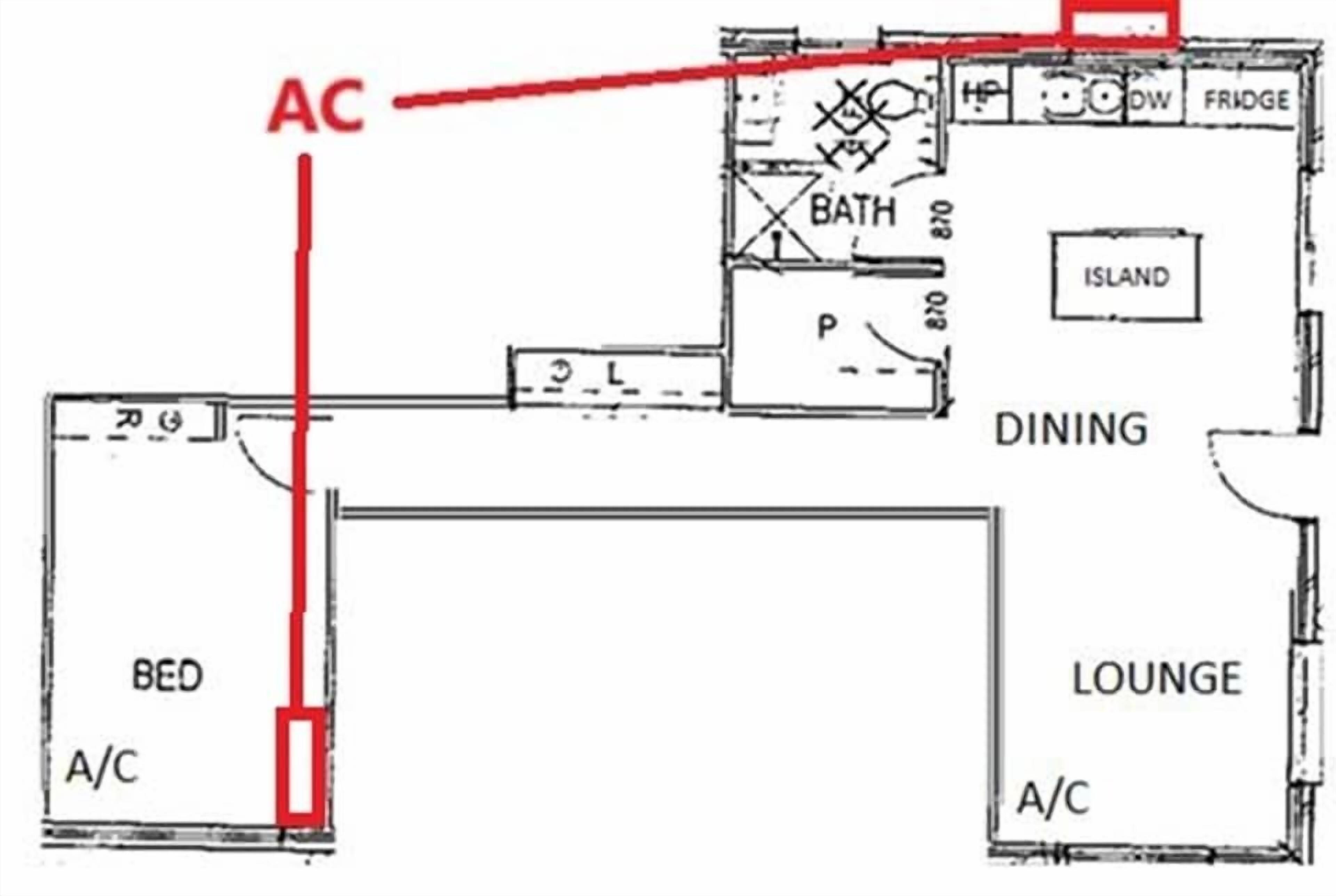 Ein Grundriss mit Bett, Essbereich, Wohnbereich, Bad und Küche.