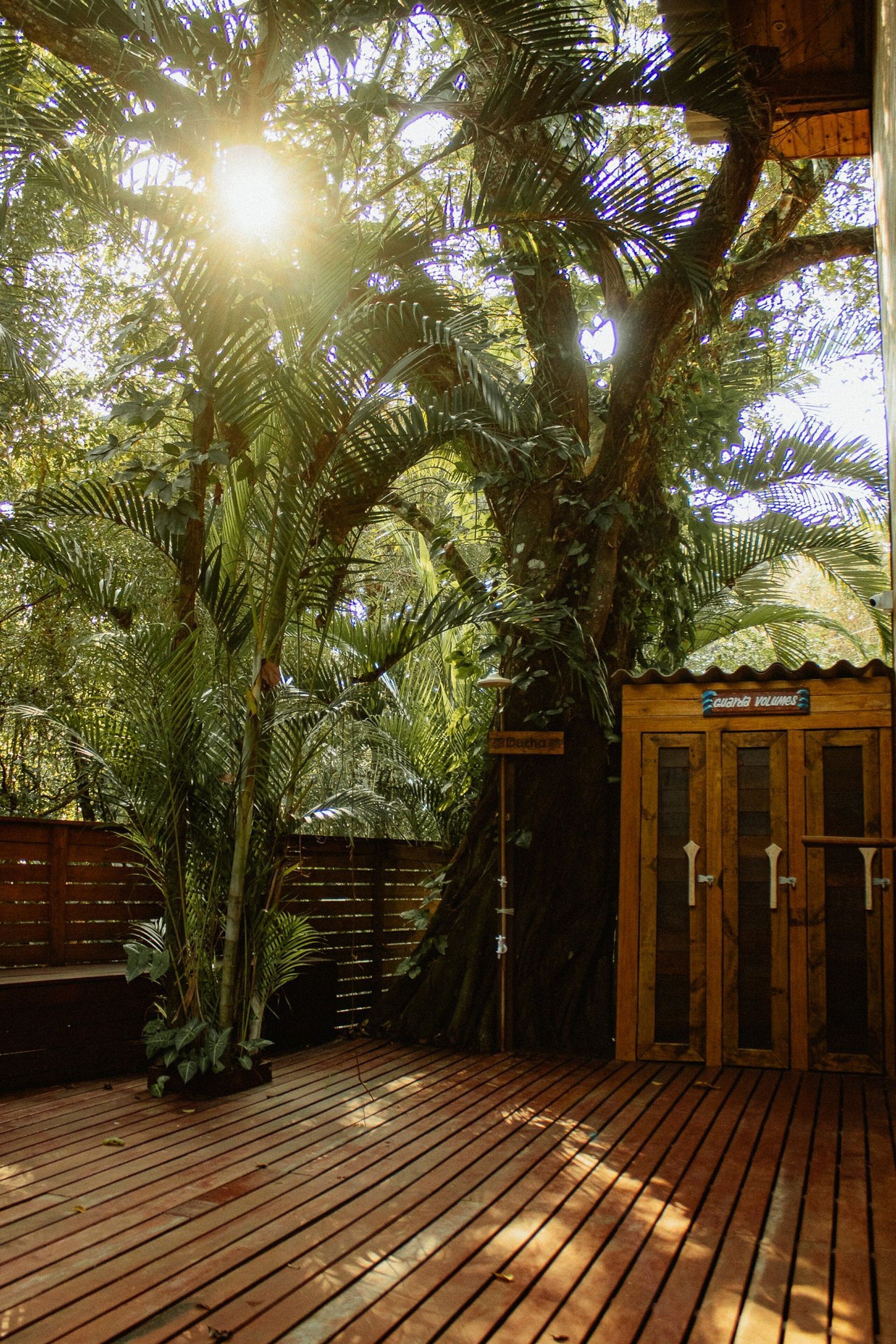 A wooden deck with a wooden cabin labeled "Cabañas Volcánes" surrounded by lush tropical foliage.