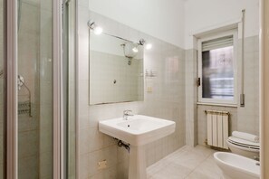 Shower, hair dryer, bidet, towels