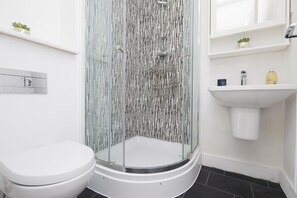 A modern bathroom with a glass-enclosed shower, a white toilet, and a sink with a mirror above it.