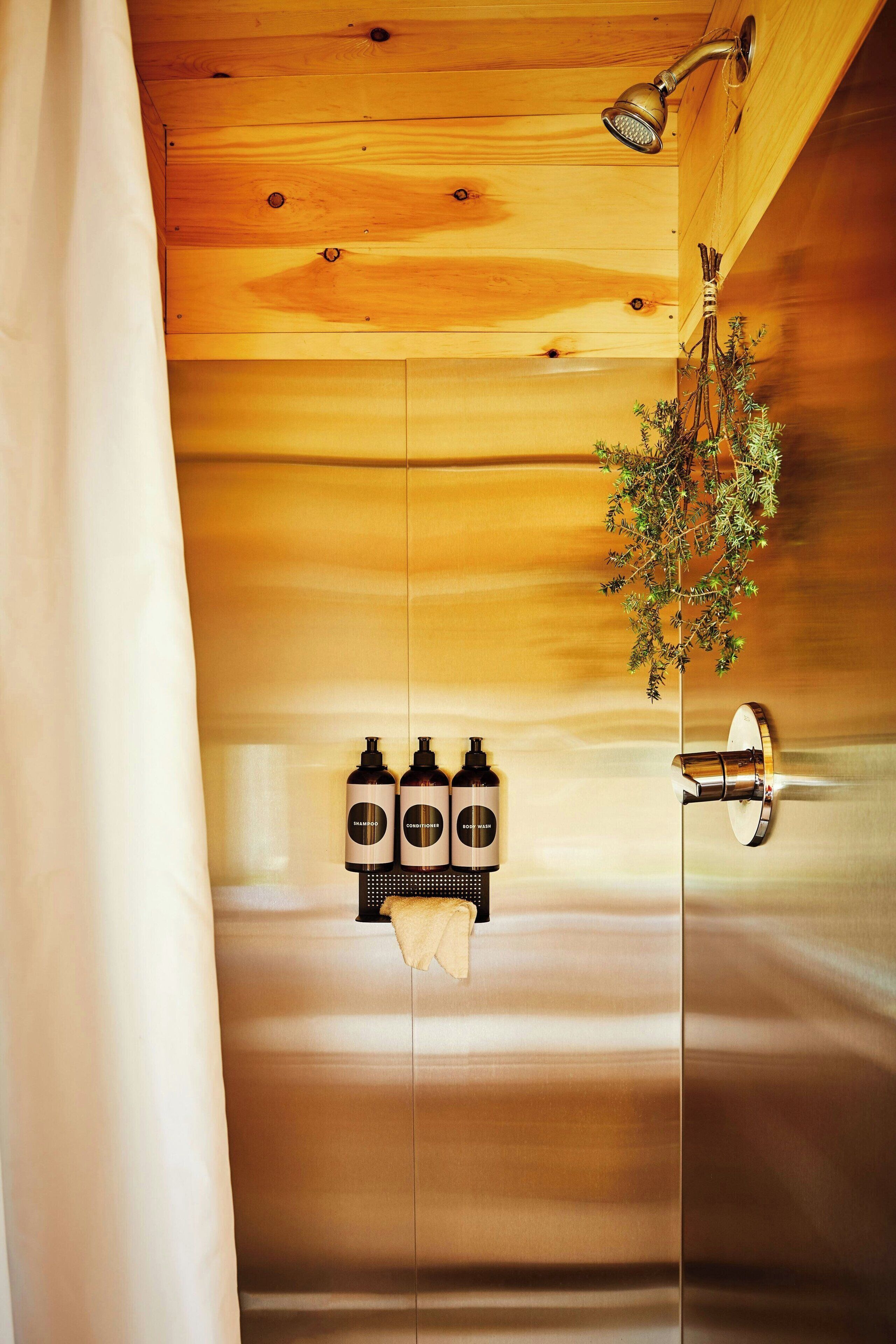 Shower, towels, soap, shampoo