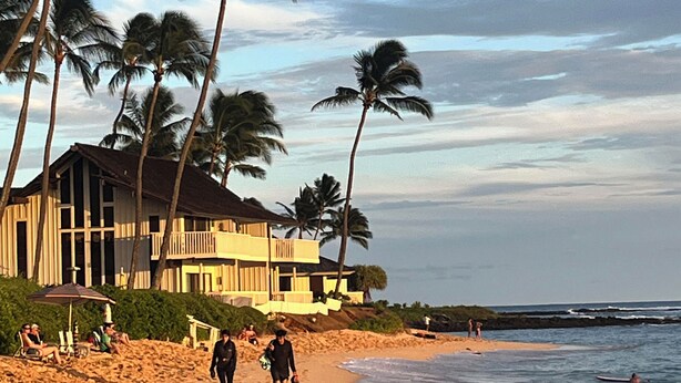 Une propriété située en bord de mer, avec une grande maison, des palmiers et une plage de sable.
