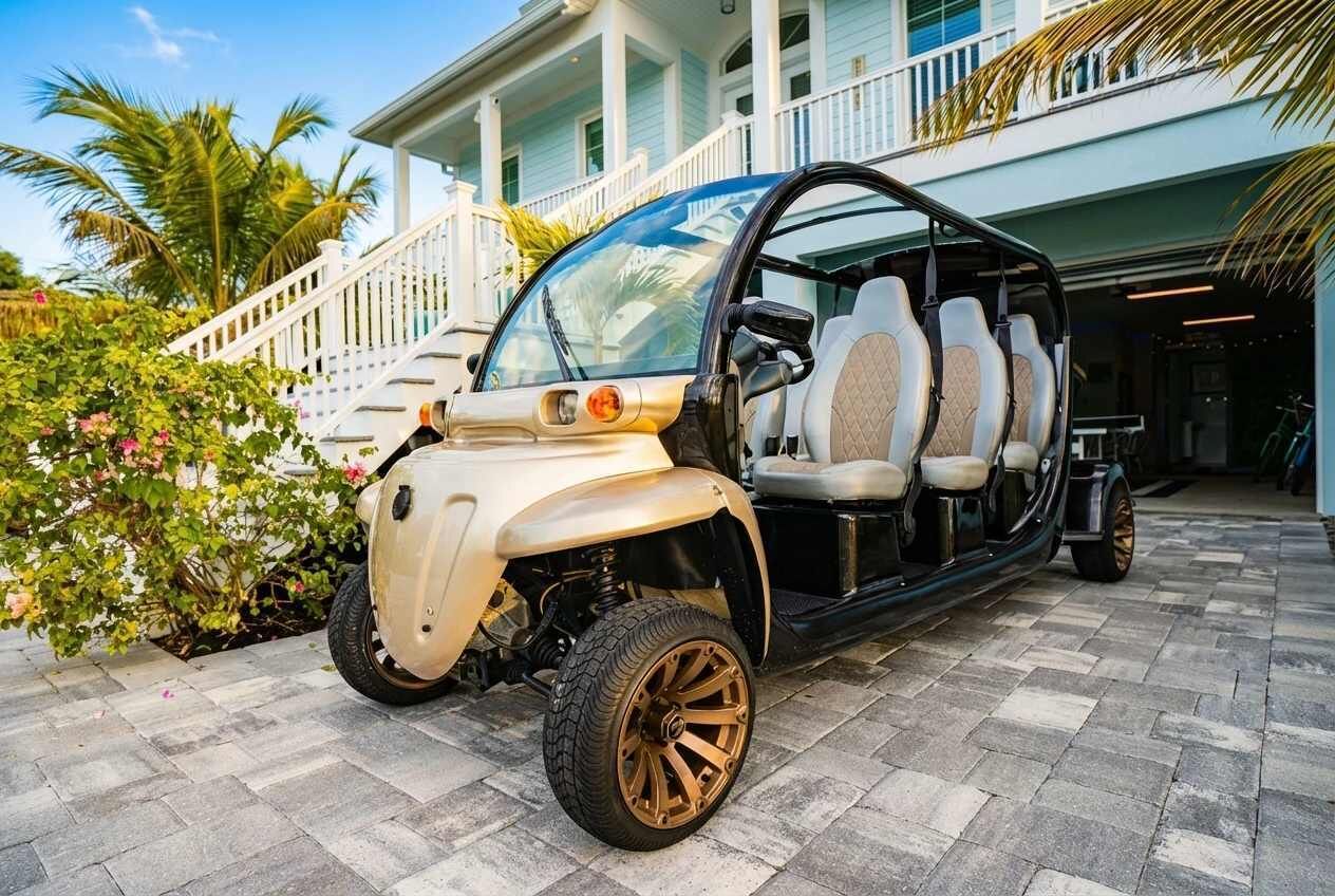 Une voiturette de golf est garée devant un bâtiment doté d’un porche et bordé de palmiers.
