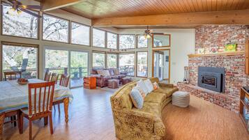 Smart TV, fireplace, DVD player, books