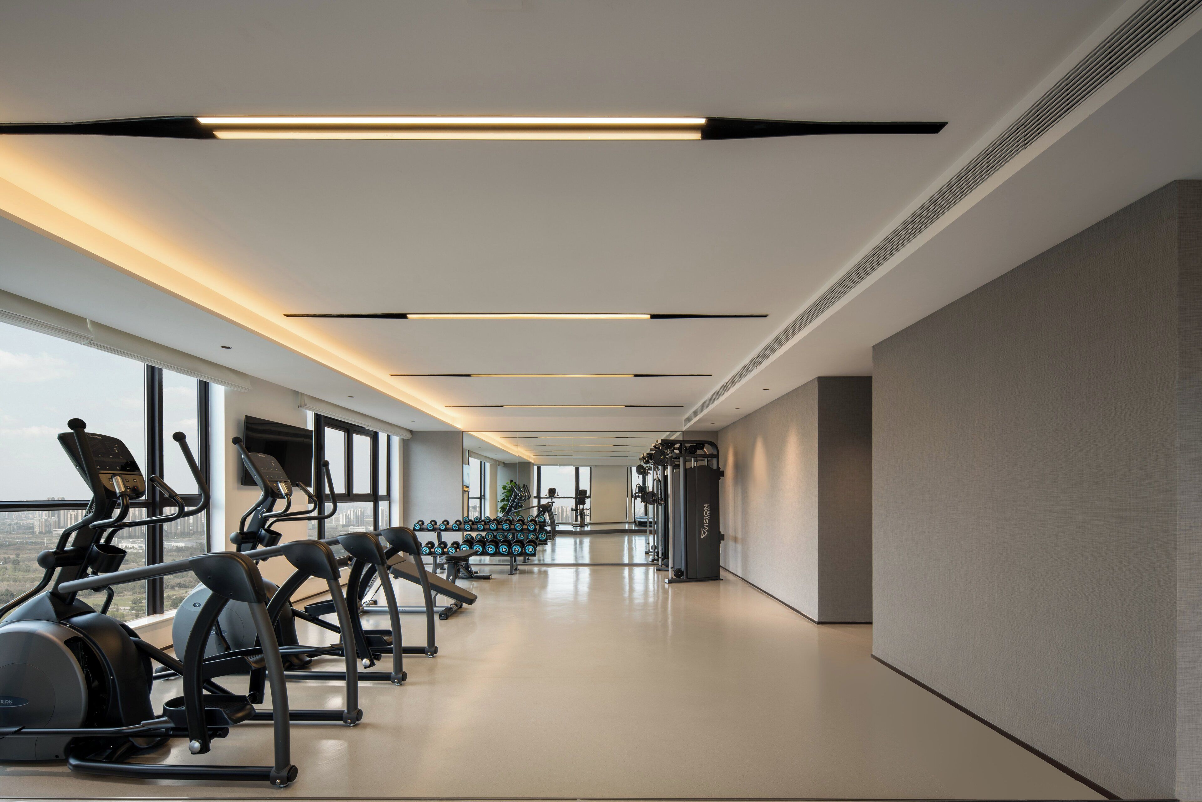A modern gym with treadmills, elliptical machines, and weight racks.