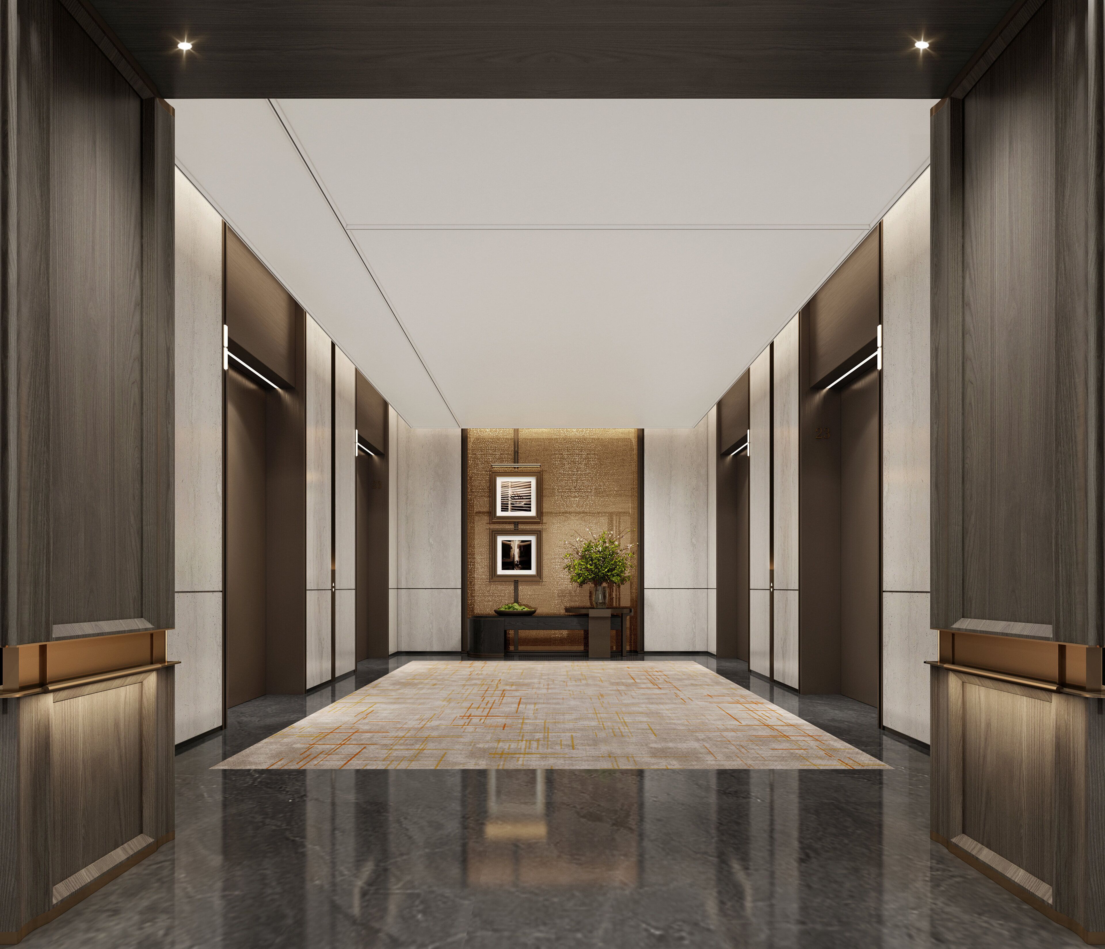 A modern elevator lobby with a polished marble floor, wooden panel walls, and a central reception desk with a plant.