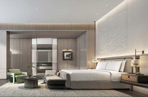 Premium bedding, memory foam beds, desk, laptop workspace