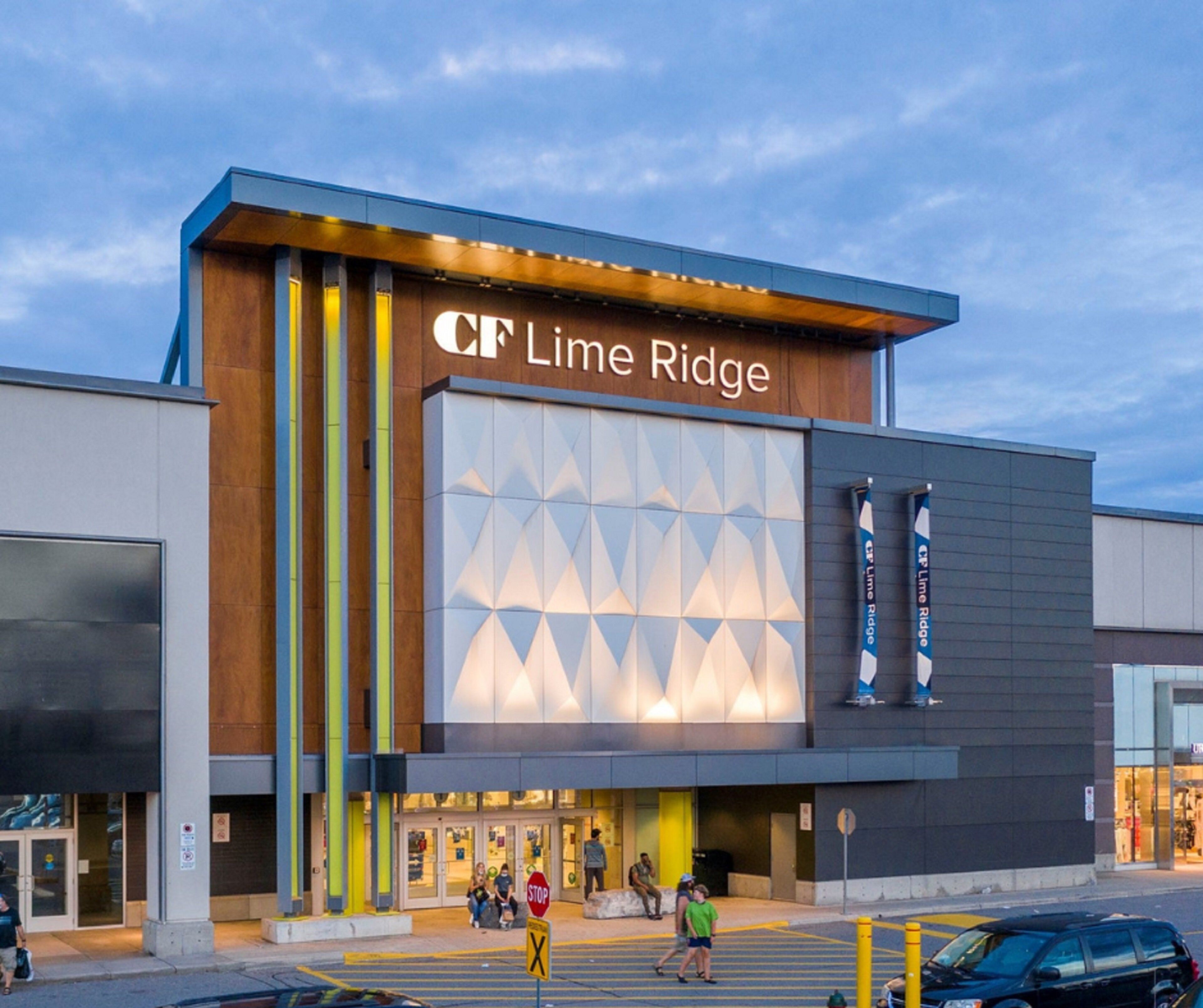A modern building with a prominent 'CF Lime Ridge' sign, featuring a geometric facade and a welcoming entrance.