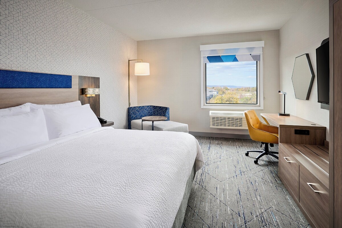 A hotel room with a large bed, a desk with a chair, a window with a view, and a TV.