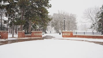 A snow-covered park with a brick wall labeled 'GAGE PARK' and a metal fence.