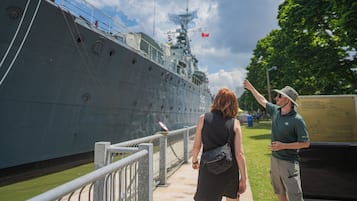 A large ship docked at a port with a person pointing towards it.