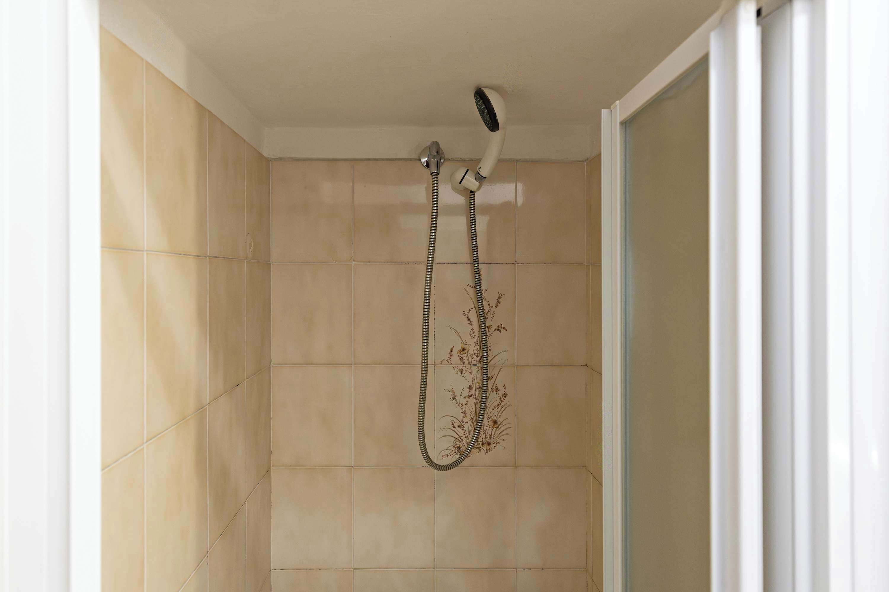 Une douche équipée d’un pommeau de douche à main et d’un flexible.