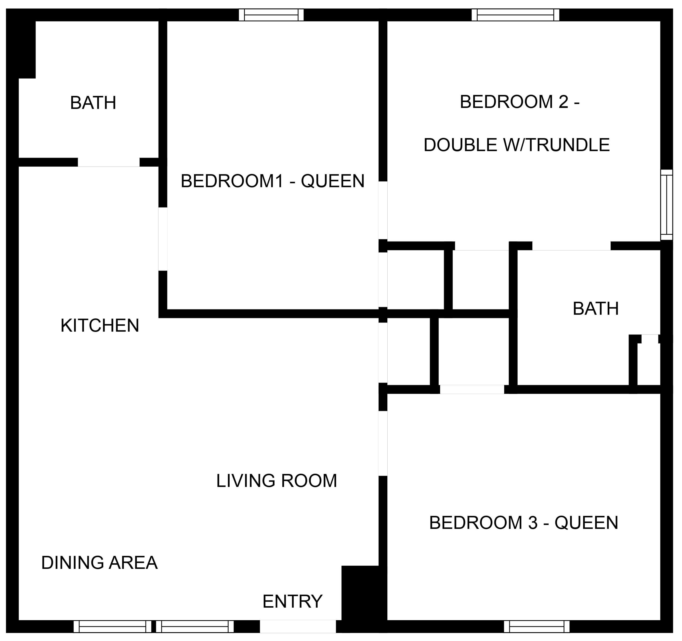 A floor plan with three bedrooms, two bathrooms, a kitchen, a living room, a dining area, and an entry point.
