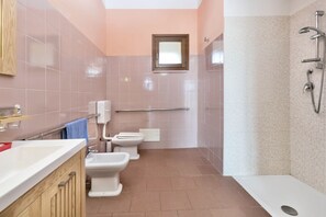 Shower, hair dryer, bidet, towels
