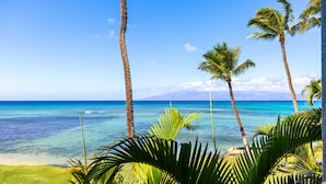 A tropical beach with palm trees and clear blue water. - Sun-Kissed Retreat with Oceanfront Views (Lahaina)