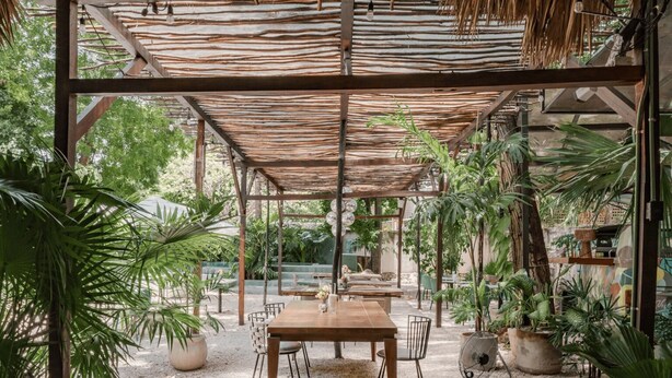 Eine überdachte Terrasse im Freien mit einem Holztisch und -stühlen, umgeben von Topfpflanzen und einem Kiesboden.