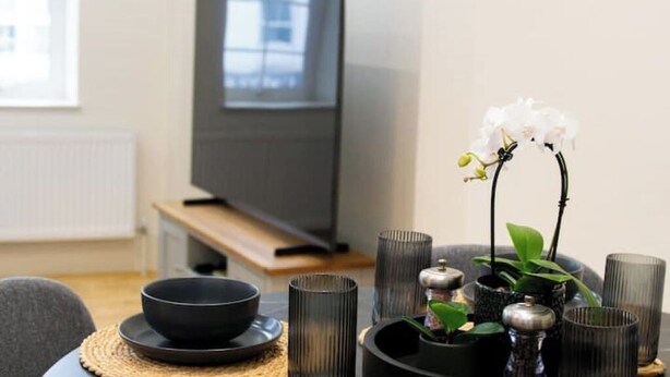 A modern living room with a flat-screen TV, a black bowl on a plate, and several black cylindrical vases with a white orchid. - Spacious flat in the East End

 (London)