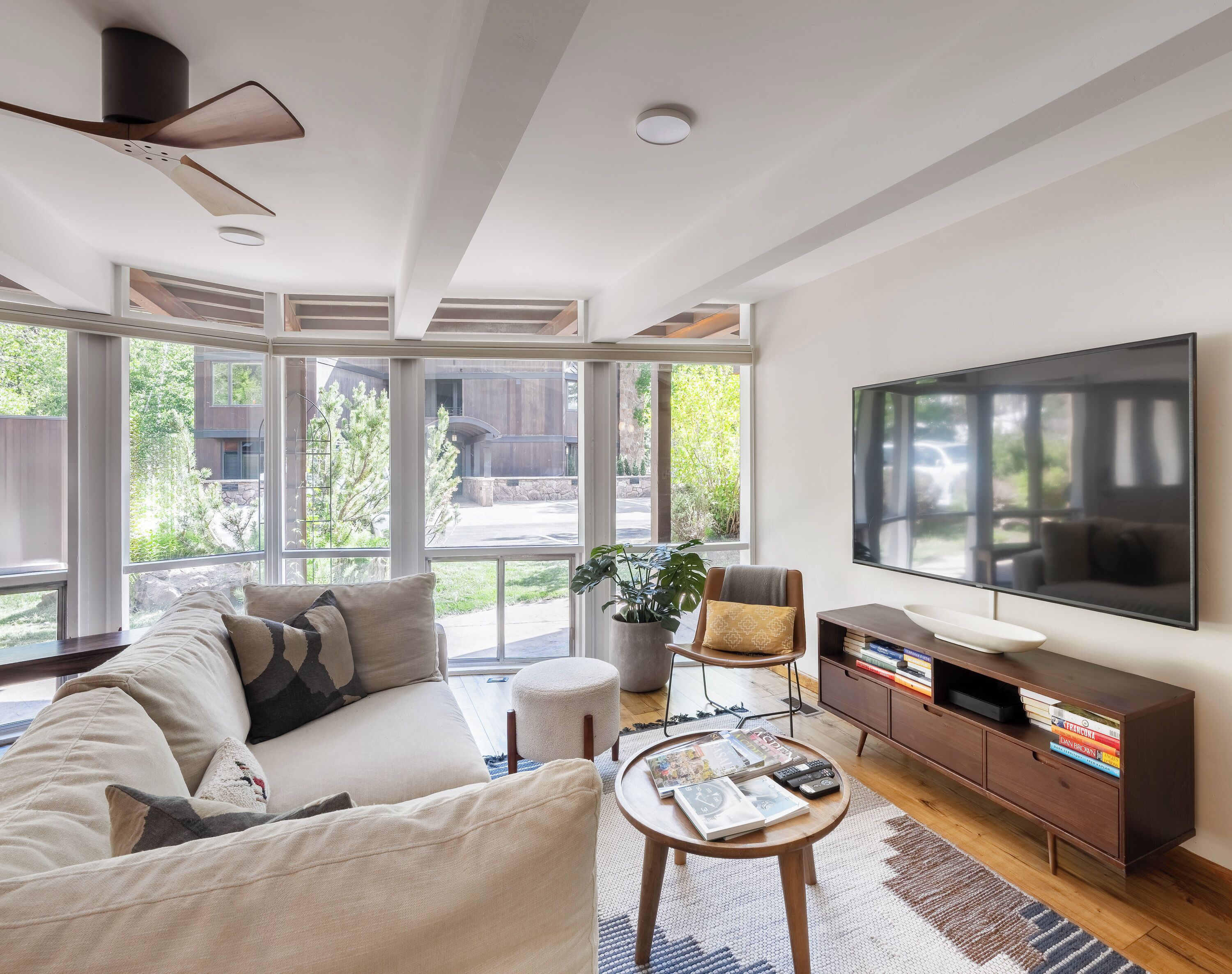 Smart-tv, eldstad och böcker