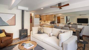 Smart TV, chimenea y libros