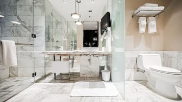 Douche, baignoire à jets, sèche-cheveux, serviettes fournies