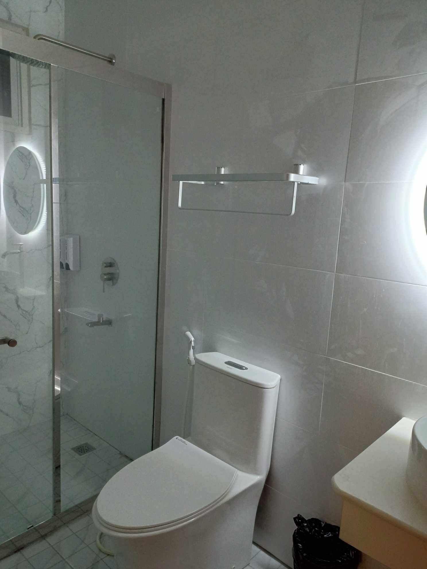 Shower, slippers, soap, shampoo