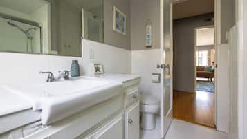 Hair dryer, towels, soap, toilet paper