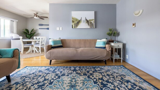 Un salon avec un canapé beige, un tapis à motifs bleus, un tableau représentant un sentier et un ventilateur de plafond.