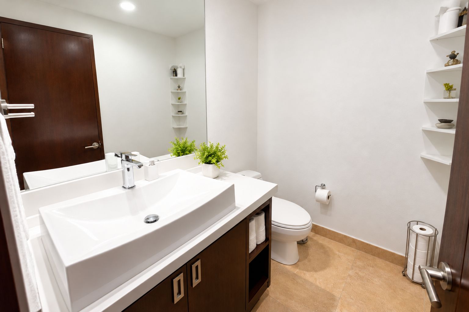 A modern bathroom with a double sink, toilet, and a mirror.