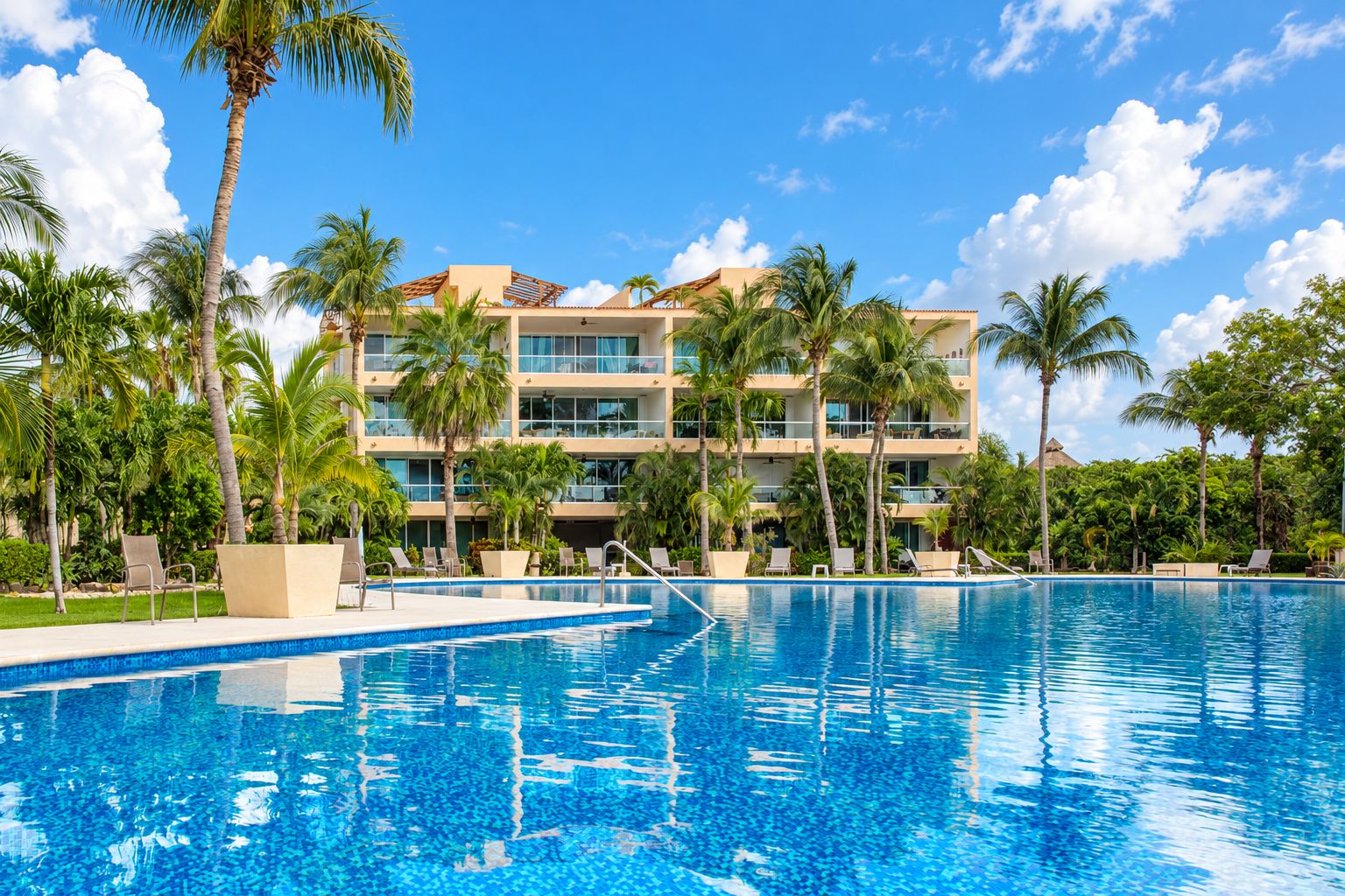 A hotel with a swimming pool, palm trees, and a clear blue sky.
