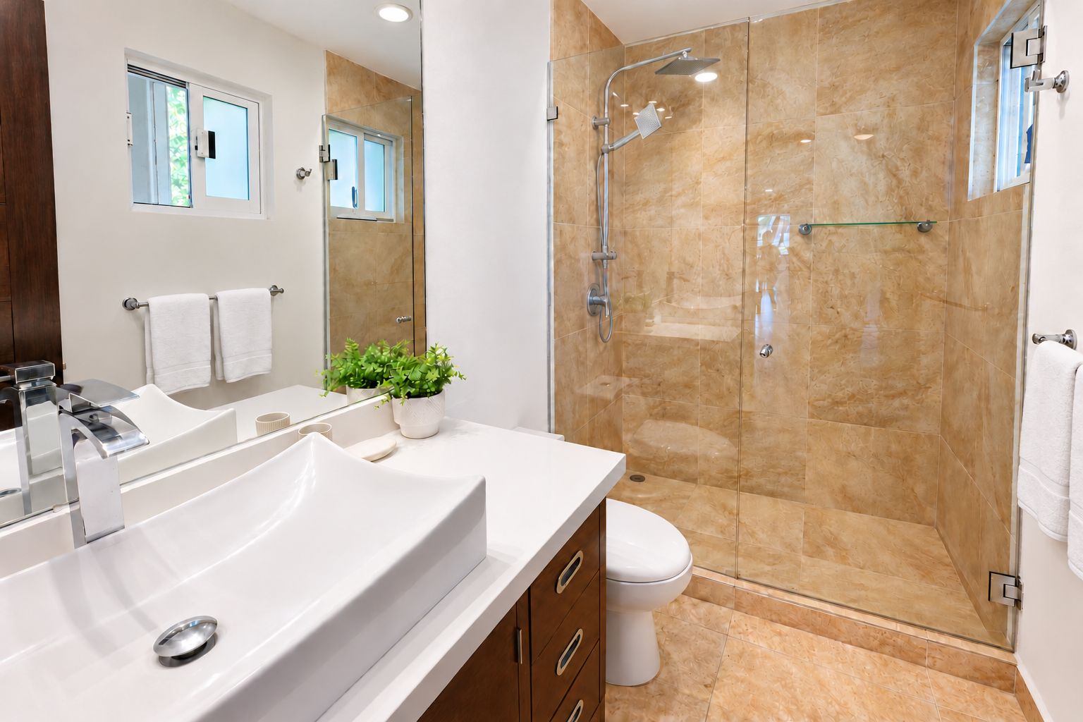 Un baño moderno con un lavamanos grande de color blanco, un box de ducha con paredes de vidrio y un inodoro.
