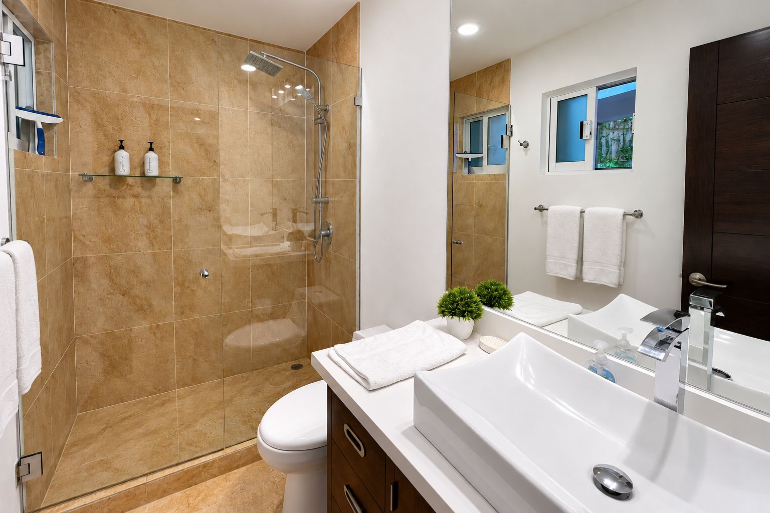 Un baño moderno con ducha envuelta en vidrio, un lavabo blanco y un espejo grande.