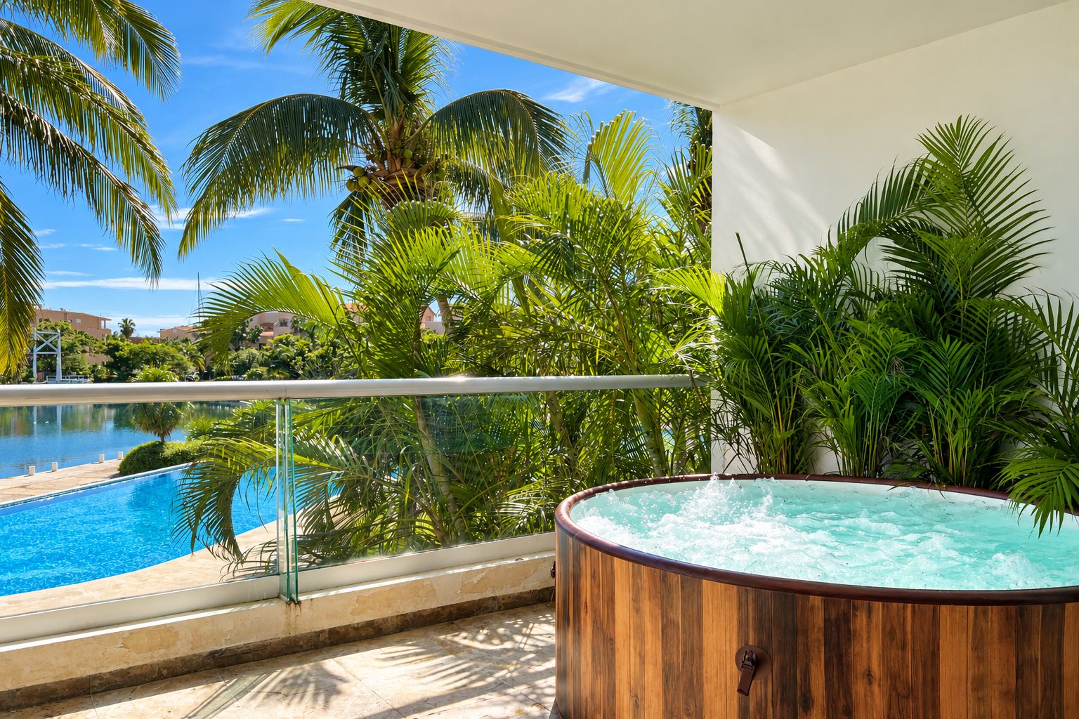 Ein Balkon mit einem Whirlpool aus Holz, einem Pool und tropischer Bepflanzung.