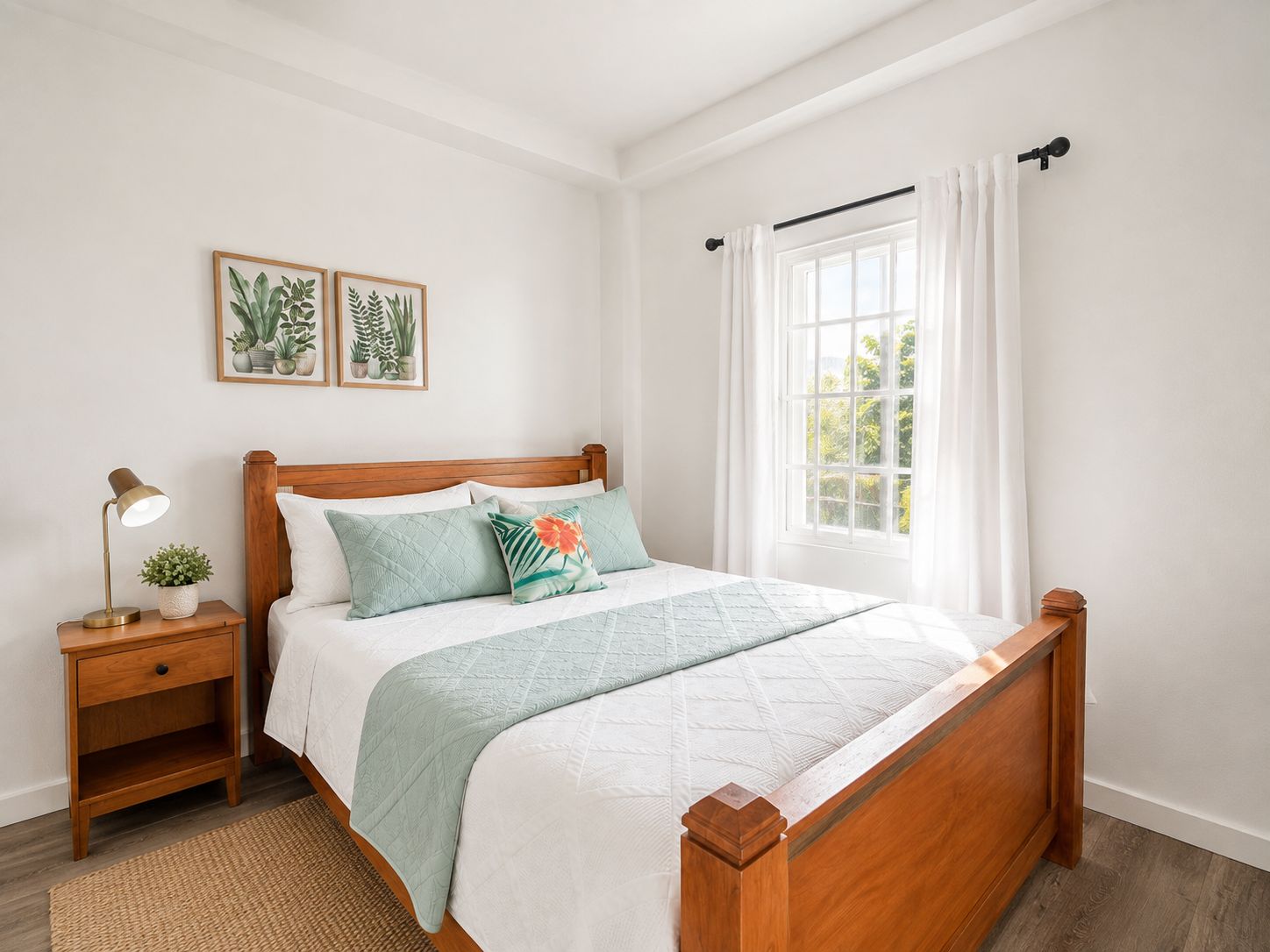 Une chambre avec un lit en bois, une table de chevet avec une lampe, une fenêtre avec des rideaux blancs et deux reproductions botaniques encadrées accrochées au mur.