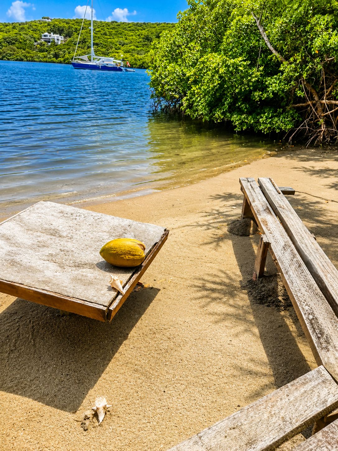 Ein Strand mit einer Holzbank und einer Liege, freier Blick auf das Wasser und ein Haus im Hintergrund.