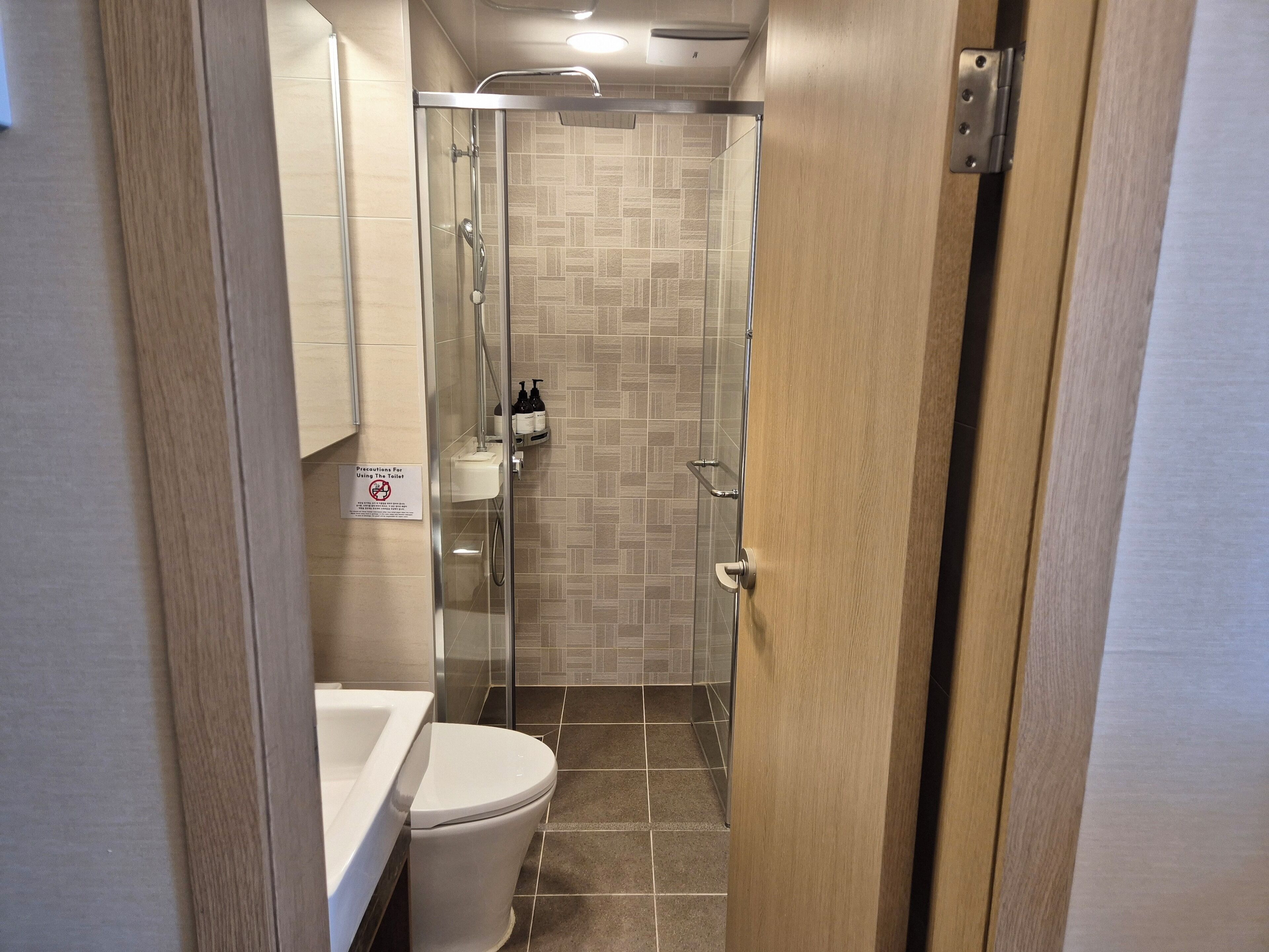 Ein schmales Badezimmer mit Toilette, Dusche und Waschbecken.