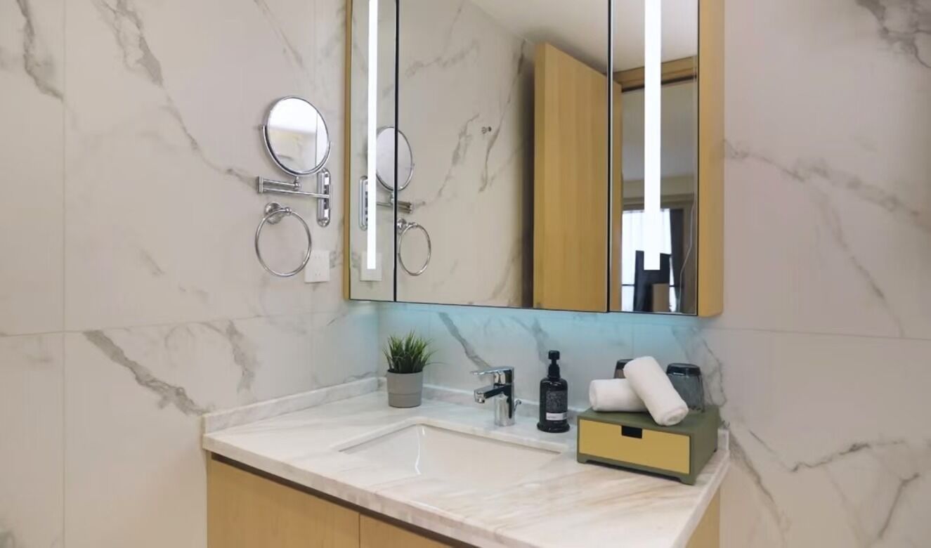 A bathroom with a marble sink, a mirror, a small potted plant, and toiletries.