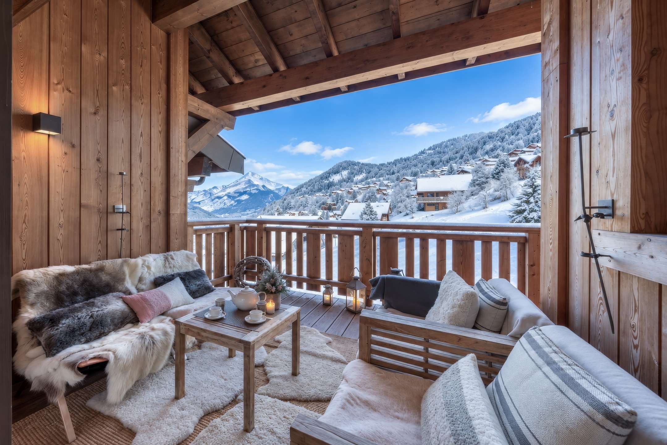 Um deck de madeira com sofá e mesa, com vista para uma paisagem montanhosa coberta de neve.