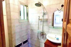 Shower, towels, soap, toilet paper