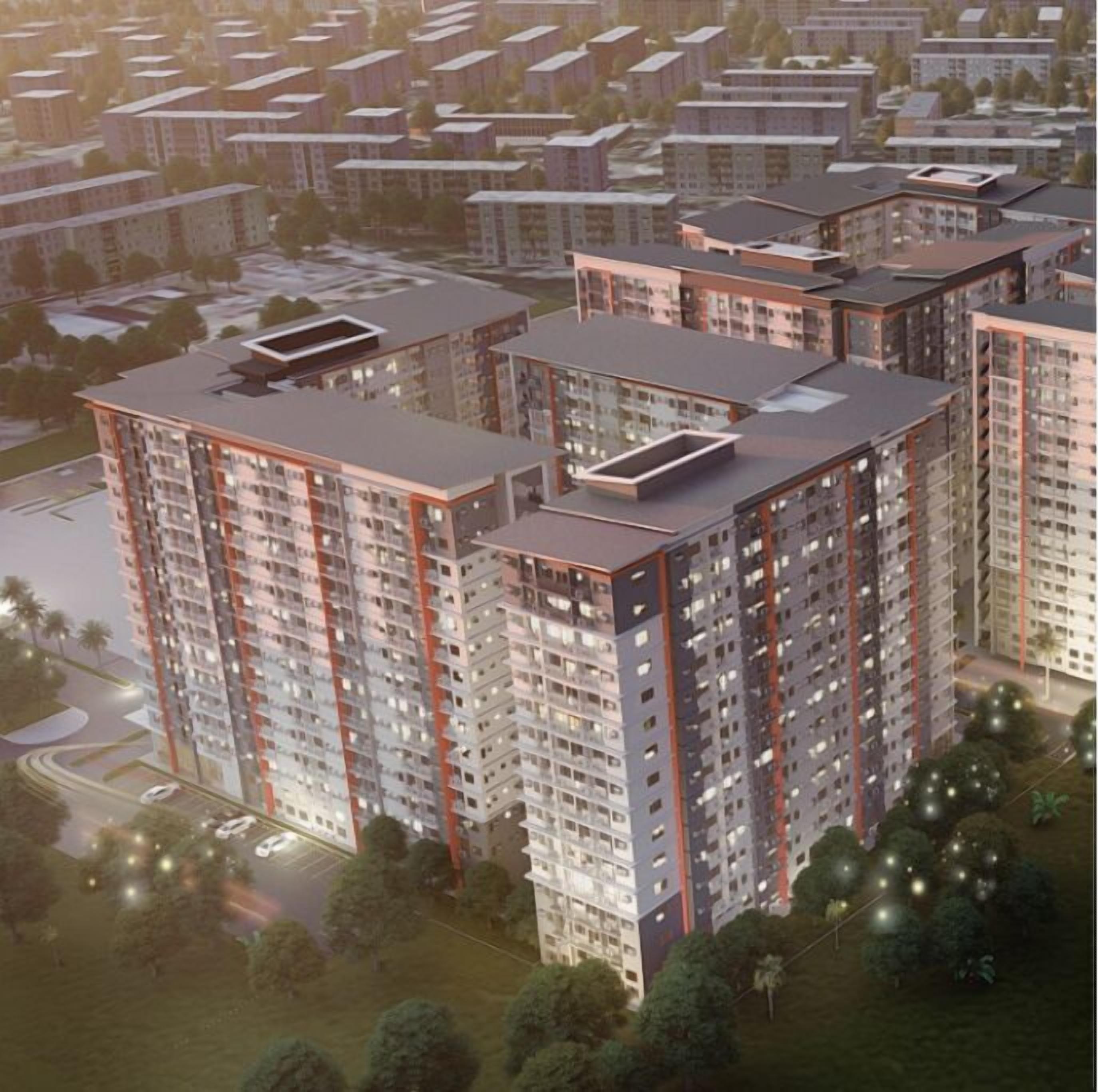 A high-rise residential building with multiple floors, balconies, and a rooftop terrace.