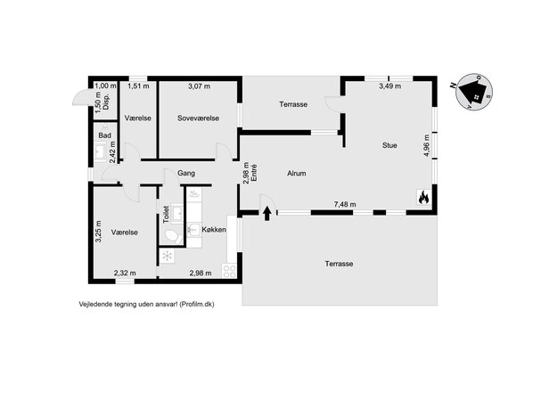 Plànol d'un hotel que mostra un dormitori, un bany, una cuina i una zona d'estar.