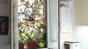 Cozinha compacta com janela para um jardim, mesa de jantar com discos de vinil e um forno antigo.
