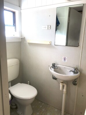Een douche, handdoeken, zeep, toiletpapier