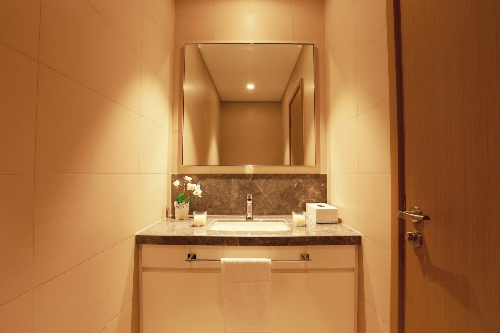 Ein modernes Badezimmer mit Marmorplatte, Waschbecken, Spiegel, Handtuchhalter und einer Tür.