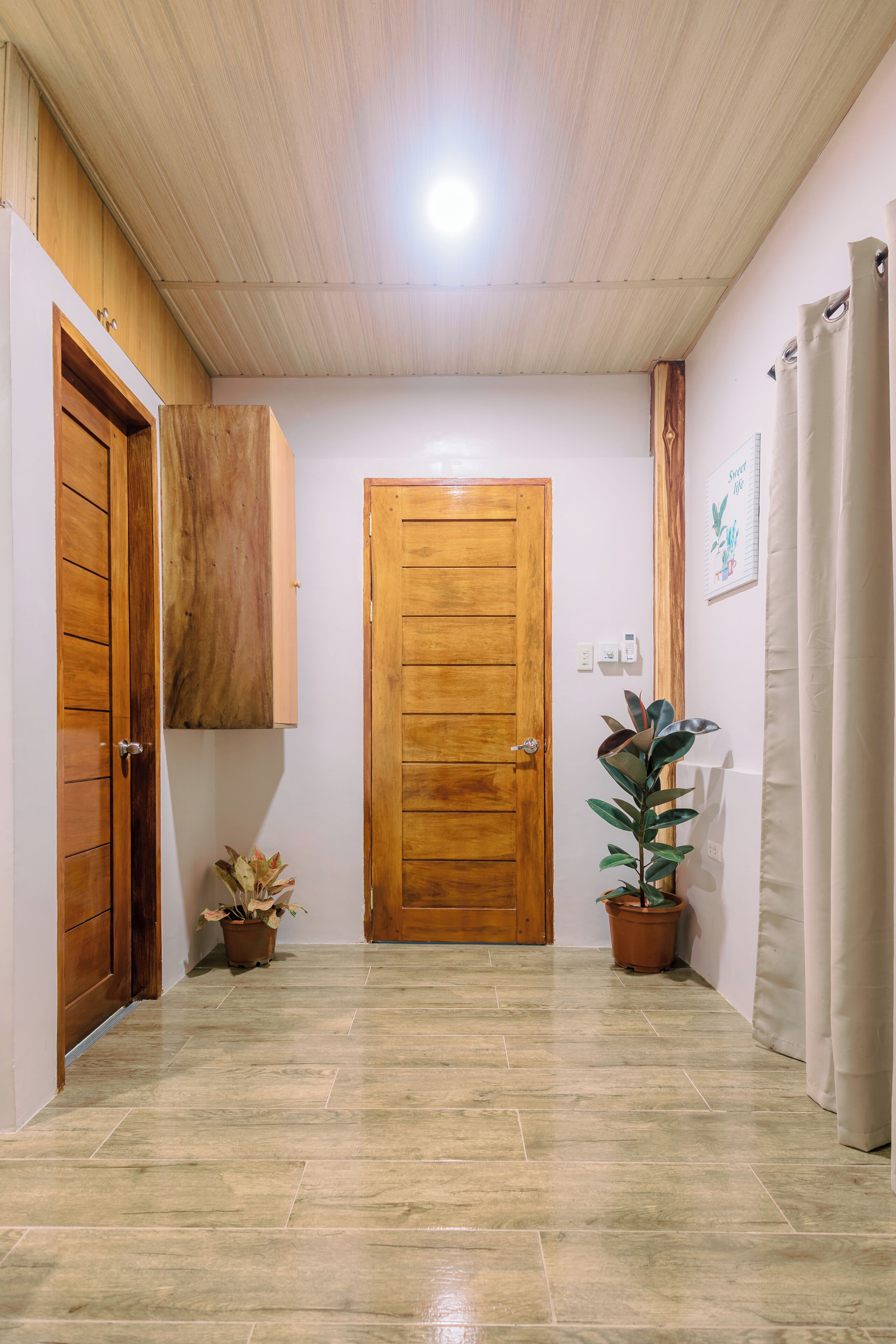 A hallway with a wooden door, potted plants, and a tiled floor.