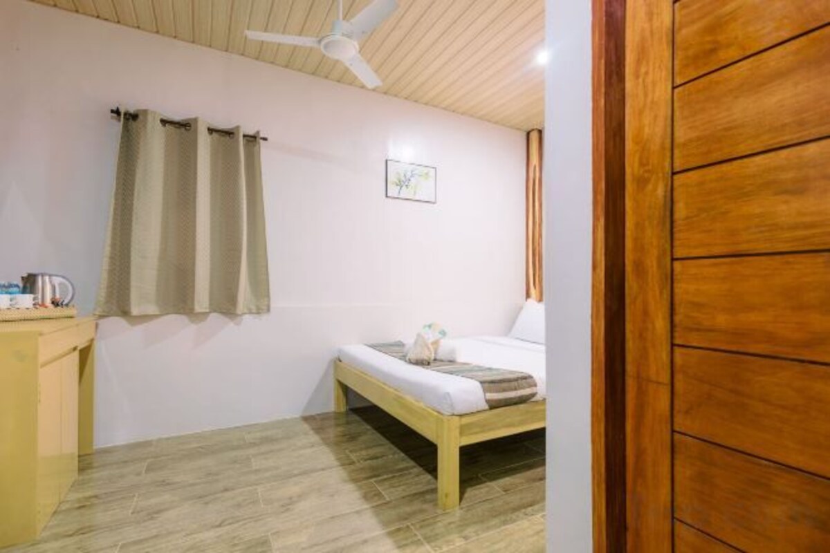 A room with a bed, a desk, a ceiling fan, and a wooden door.