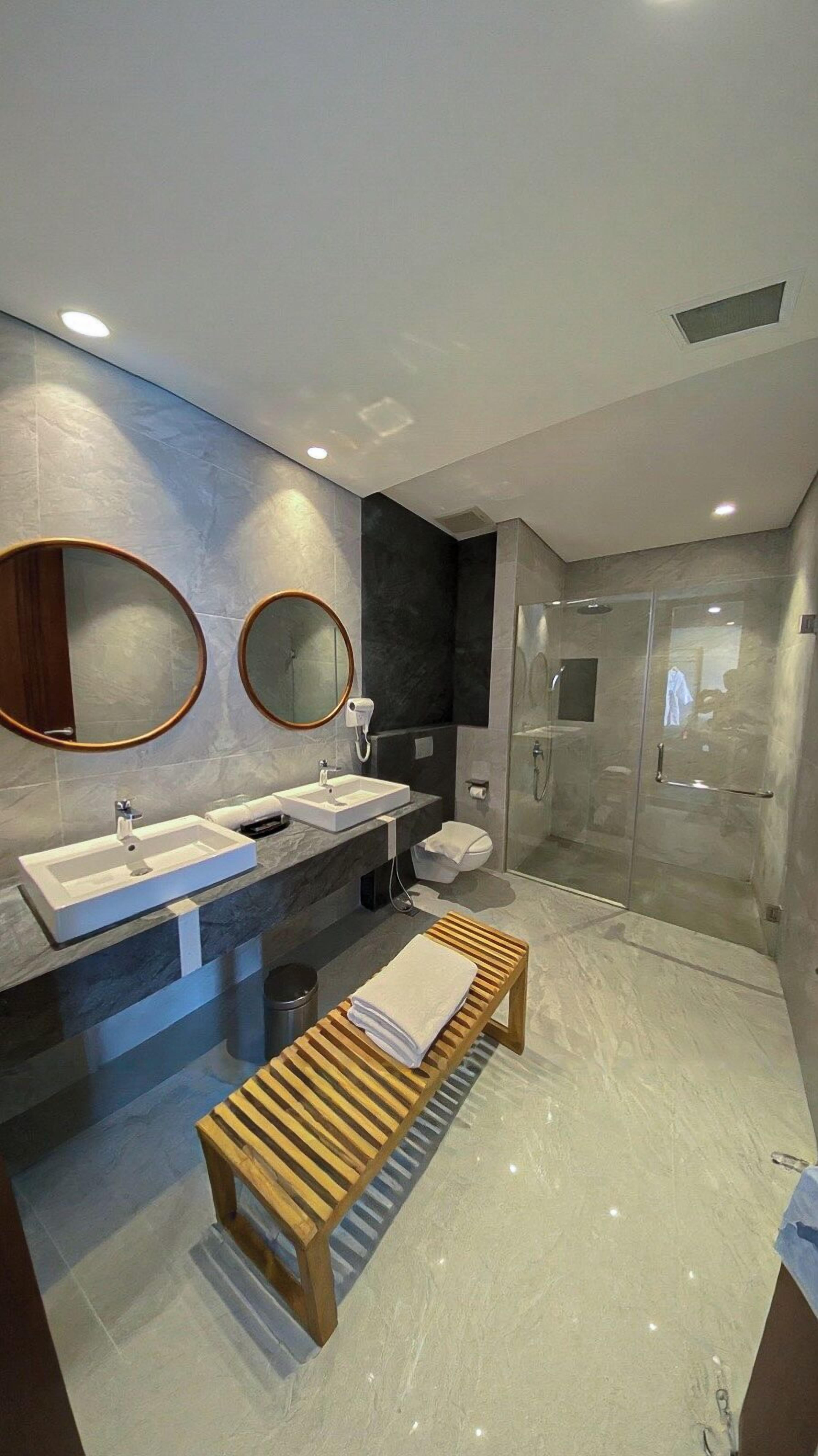 Elite Room | Bathroom | Shower, hair dryer, soap, shampoo