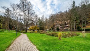A paved pathway in a park with trees and a building in the background.