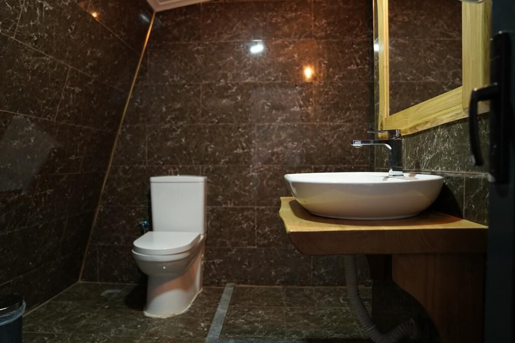 Un baño con inodoro y lavamanos sobre una encimera de madera.