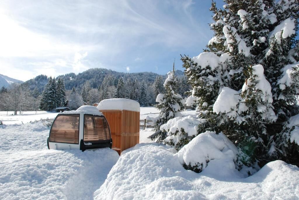 Un paisaje cubierto de nieve con una cabaña de madera y un árbol nevado.