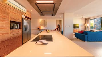 Luxury Duplex | Private kitchen | Full-sized fridge, microwave, oven, stovetop